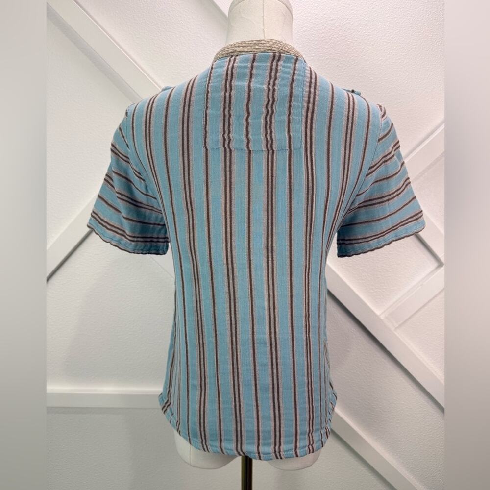 Ace & Jig Gauze Cotton Ruffle Blouse Striped Blue Brown Button Front Size XS - Picture 5 of 9